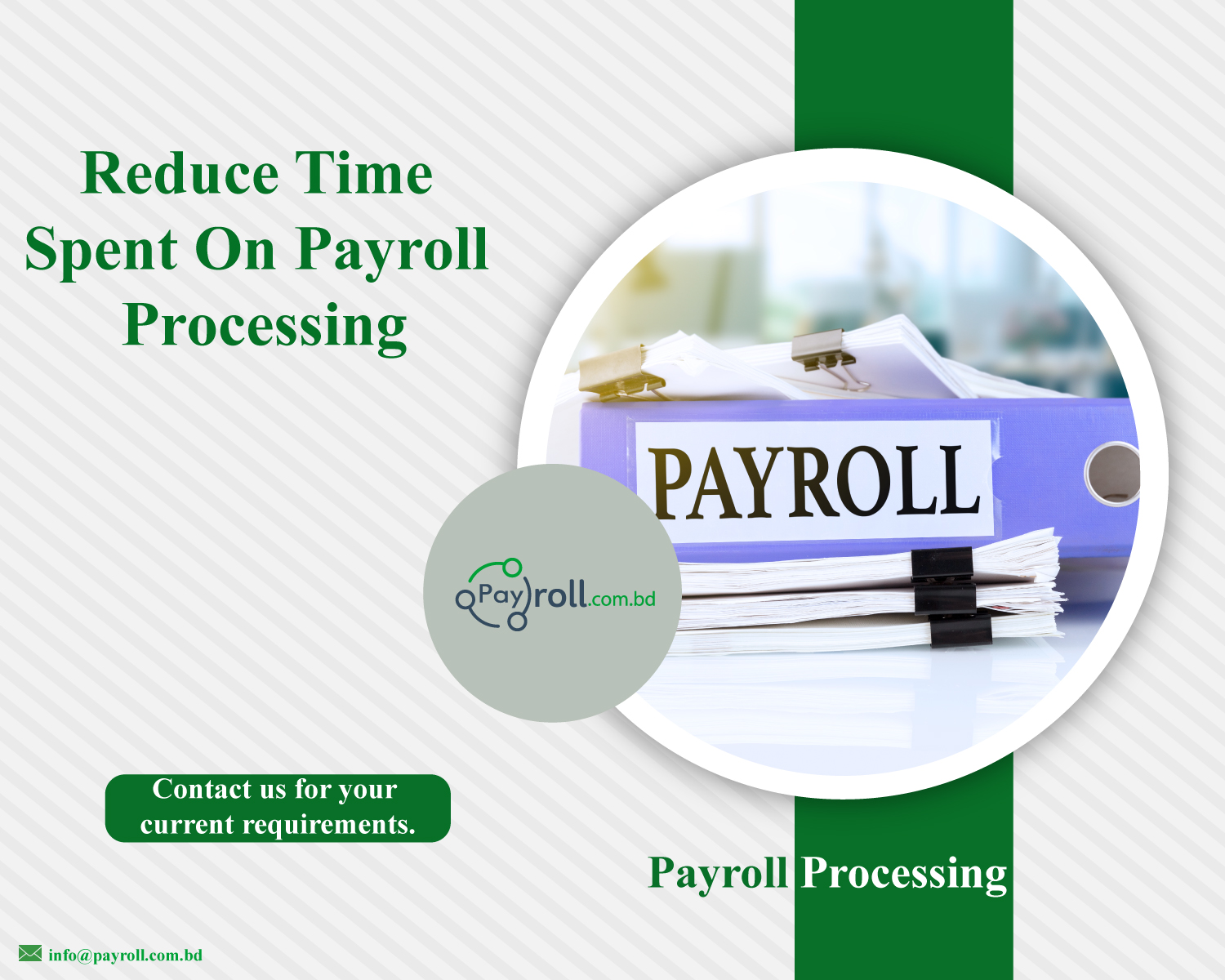 Payroll file binder labelled PAYROLL beside the message Reduce Time Spent On Payroll Processing from PayrollBD